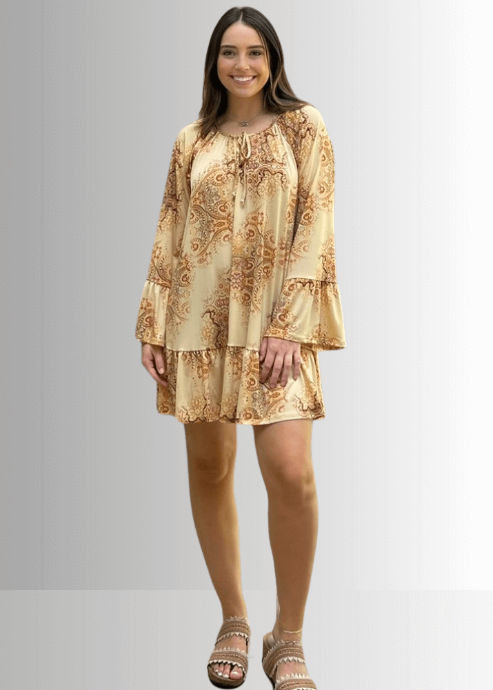 Made in USA Women's Boho Beautiful Lightweight Jersey A-Line Mini Dress, Long Sleeves, Ruffled Hem and Cuffs, Tie Front Detail in Mustard | Classy Cozy Cool Made in America Boutique