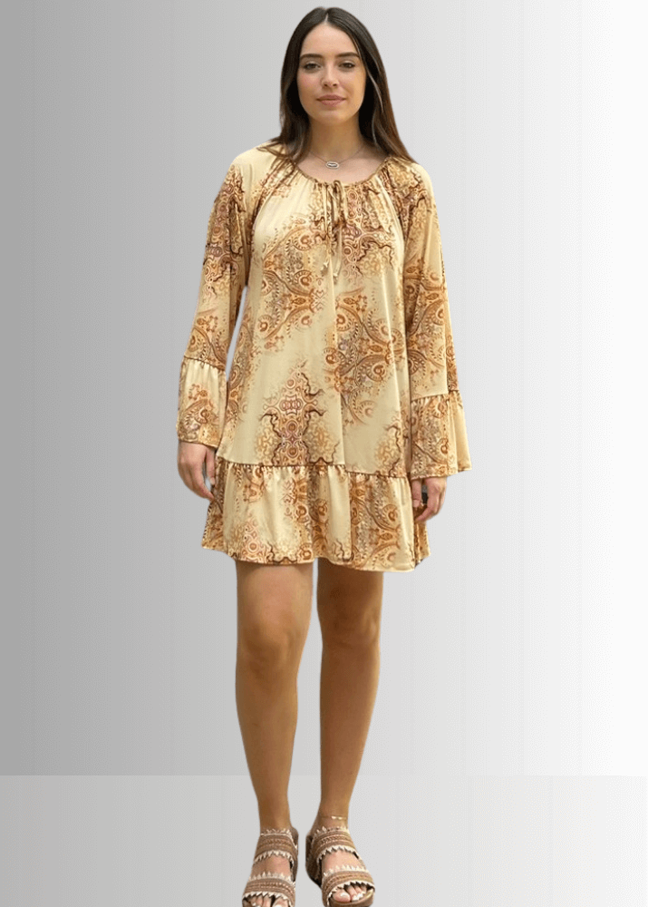 Made in USA Women's Boho Beautiful Lightweight Jersey A-Line Mini Dress, Long Sleeves, Ruffled Hem and Cuffs, Tie Front Detail in Mustard | Classy Cozy Cool Made in America Boutique