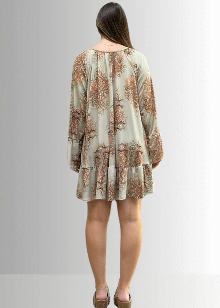 Made in USA Women's Boho Beautiful Lightweight Jersey A-Line Mini Dress, Long Sleeves, Ruffled Hem and Cuffs, Tie Front Detail in Sage | Classy Cozy Cool Made in America Boutique