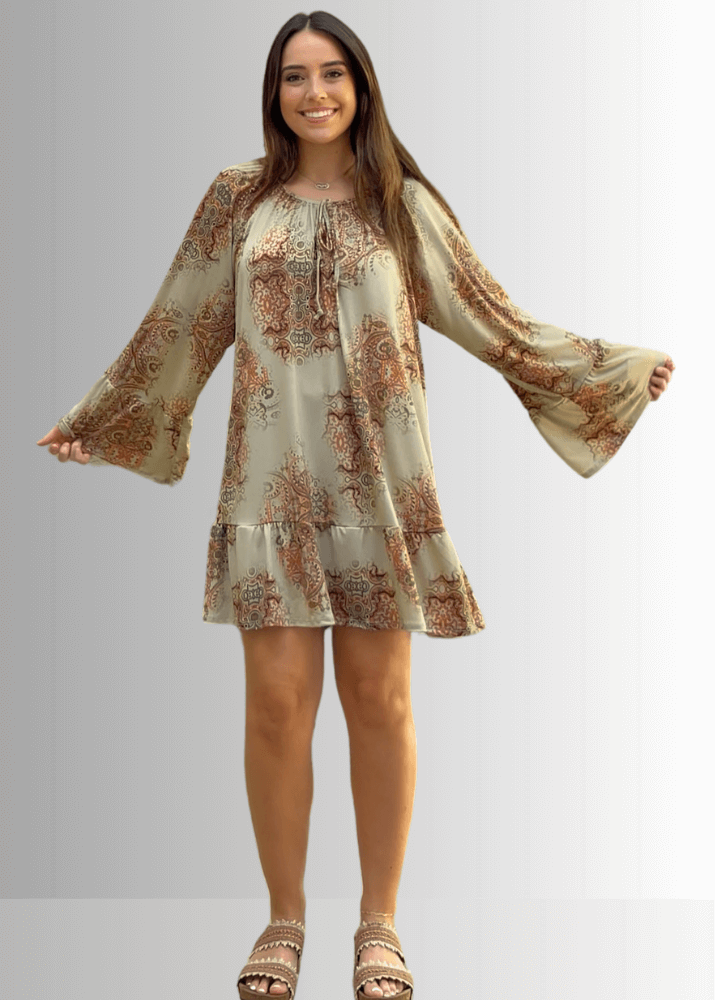 Made in USA Women's Boho Beautiful Lightweight Jersey A-Line Mini Dress, Long Sleeves, Ruffled Hem and Cuffs, Tie Front Detail in Sage | Classy Cozy Cool Made in America Boutique