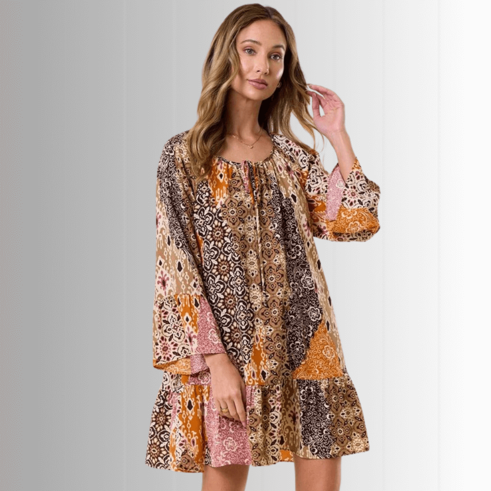 Made in USA Women's Lightweight Boho Pattern Ruffled A-Line Dress | Classy Cozy Cool Made in America Boutique