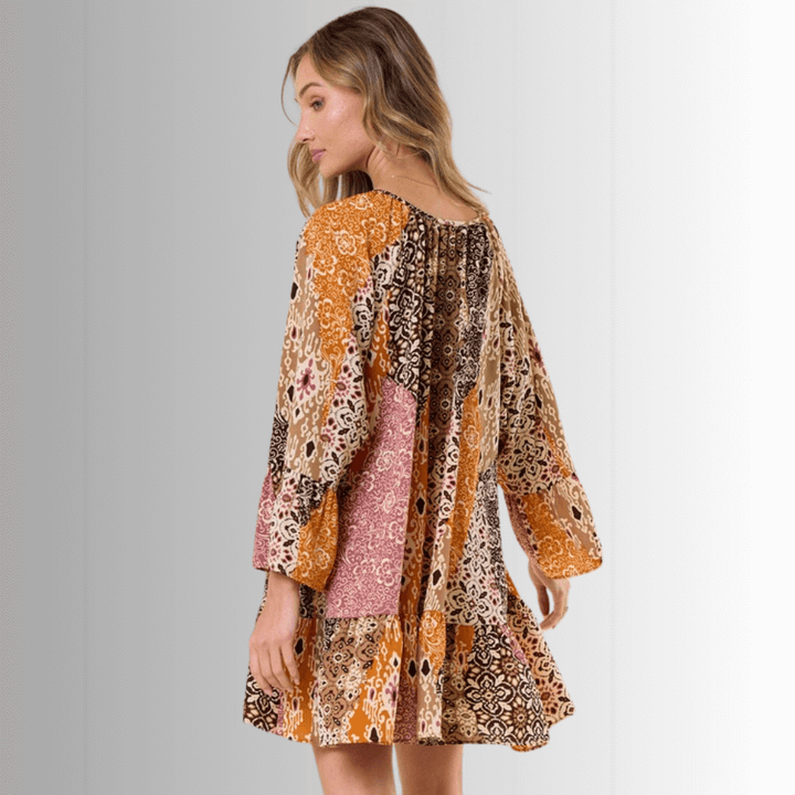 Made in USA Women's Lightweight Boho Pattern Ruffled A-Line Dress | Classy Cozy Cool Made in America Boutique