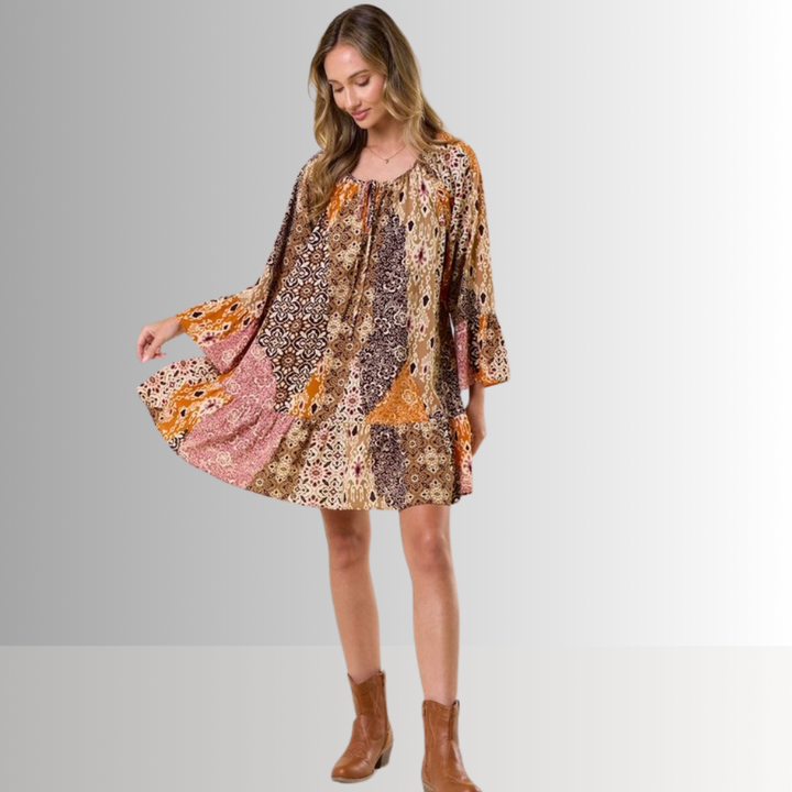 Made in USA Women's Lightweight Boho Pattern Ruffled A-Line Dress | Classy Cozy Cool Made in America Boutique