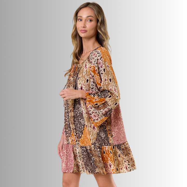 Made in USA Women's Lightweight Boho Pattern Ruffled A-Line Dress | Classy Cozy Cool Made in America Boutique