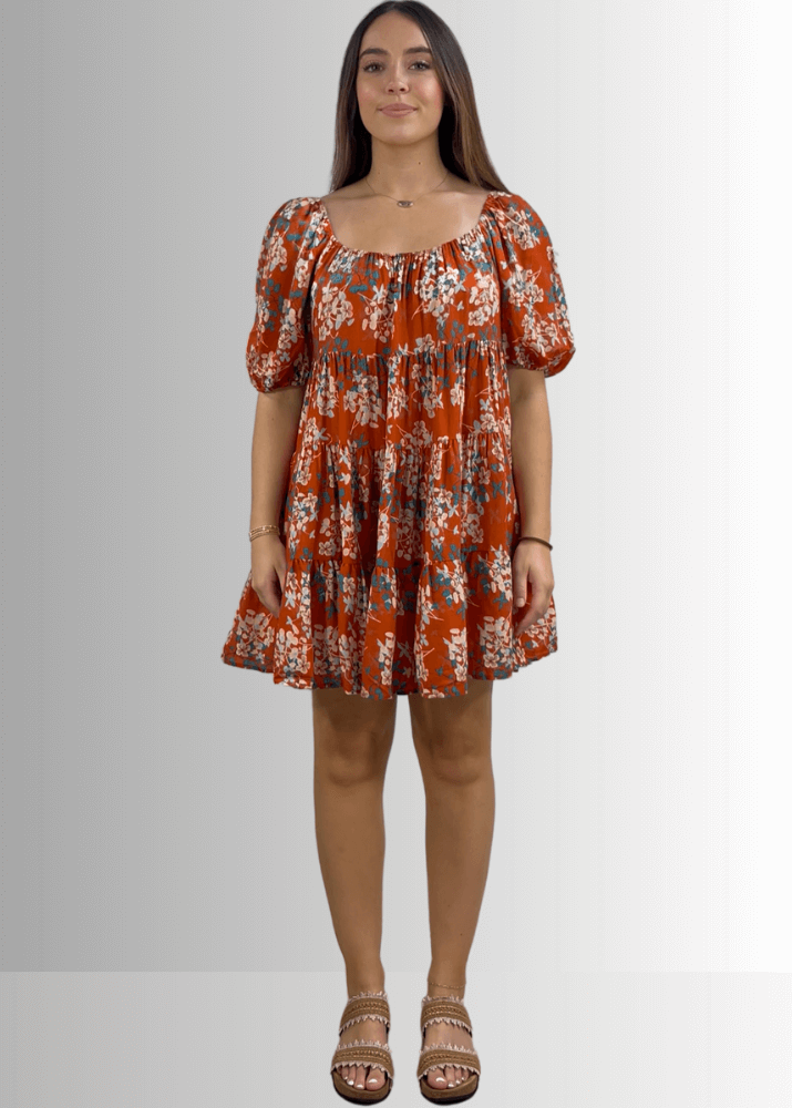 Made in USA Women's Brown Floral Baby Doll Mini Dress, Short Sleeves, Flounce Ruffle Hem, Can be worn off the shoulder | Bucket List Style D3059B