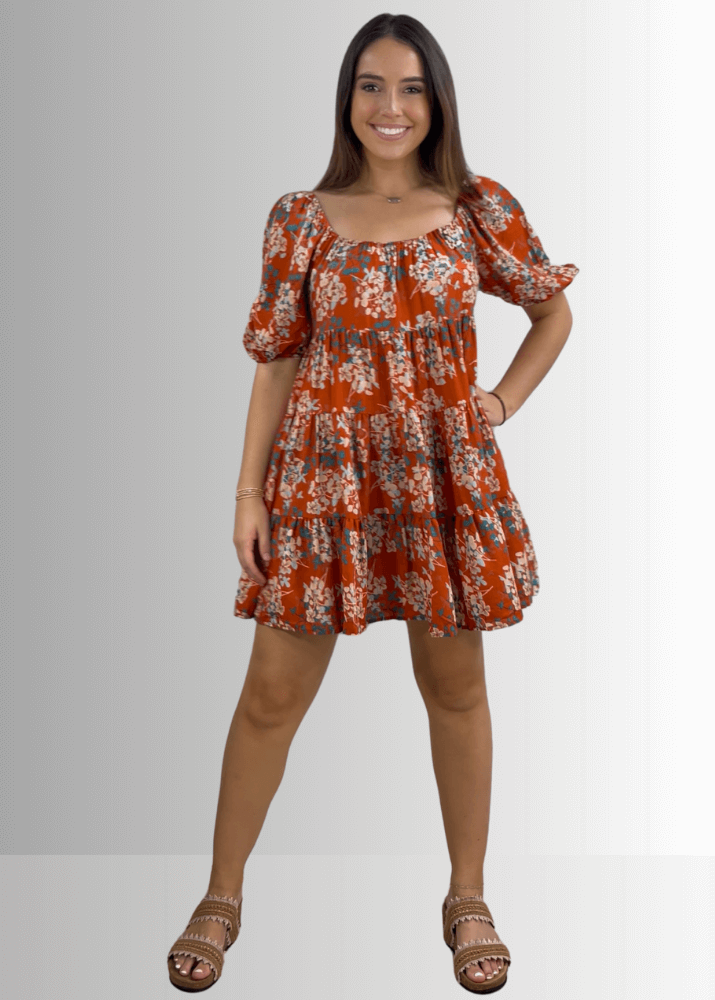 Made in USA Women's Brown Floral Baby Doll Mini Dress, Short Sleeves, Flounce Ruffle Hem, Can be worn off the shoulder | Bucket List Style D3059B