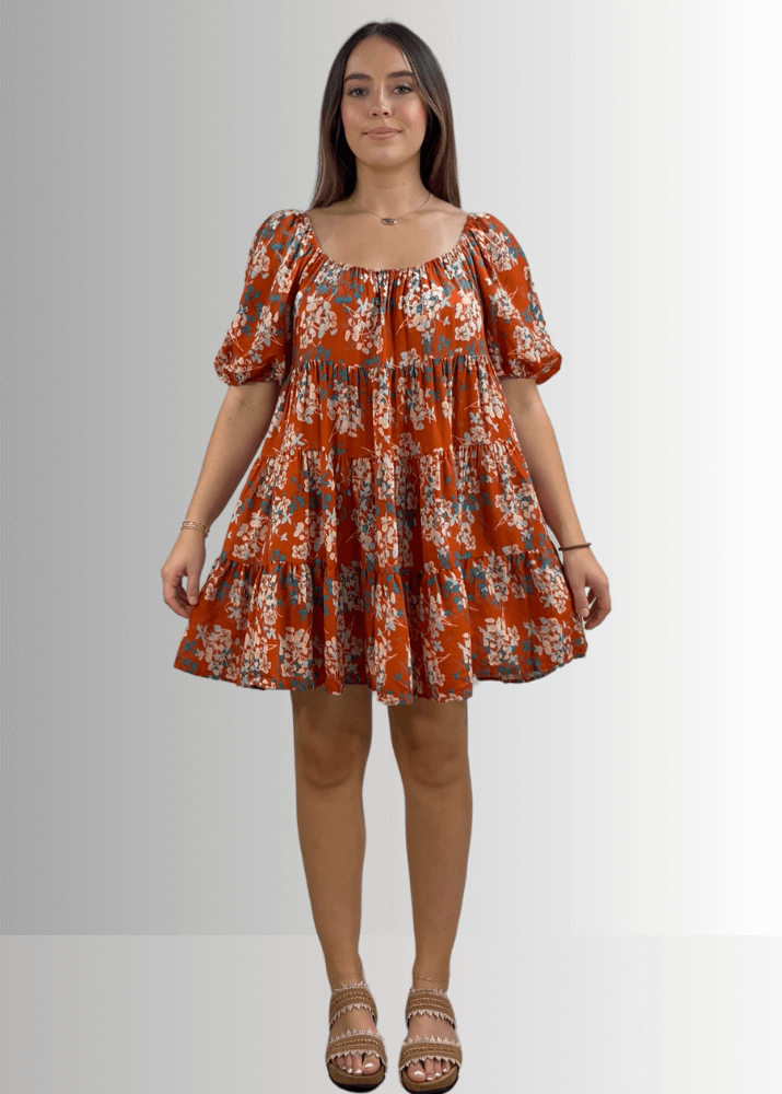 Made in USA Women's Brown Floral Baby Doll Mini Dress, Short Sleeves, Flounce Ruffle Hem, Can be worn off the shoulder | Bucket List Style D3059B