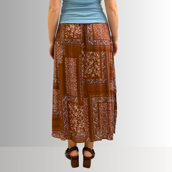 Made in USA Charming Boho Paisley Patch Print Maxi Skirt in Rust Brown, 100% Rayon Machine Wash, Tumble Dry | Renee C Style 4234SK | Classy Cozy Cool Made in America Boutique