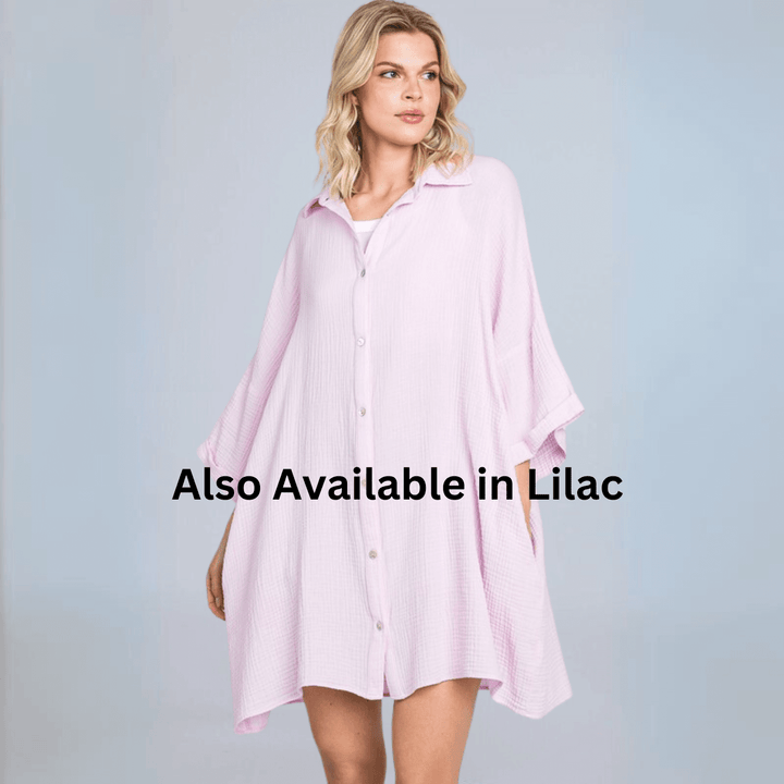 USA Made Women's Soft Mineral Washed Gauze Pink Lilac Oversized Cotton Button Down Tunic Length Long Shirt with Half Sleeves & Side Pockets | Classy Cozy Cool Made in America Boutique