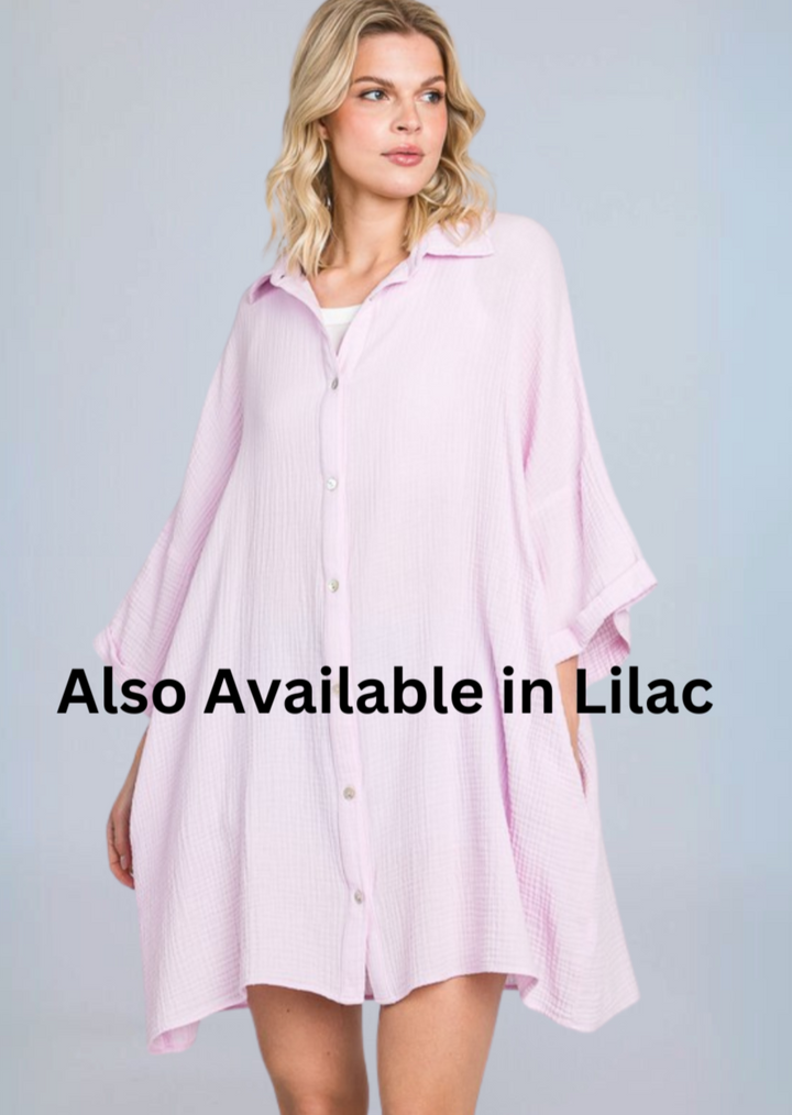 USA Made Women's Soft Mineral Washed Pink Lilac Oversized Cotton Gauze Button Down Tunic Length Long Shirt with Half Sleeves & Side Pockets