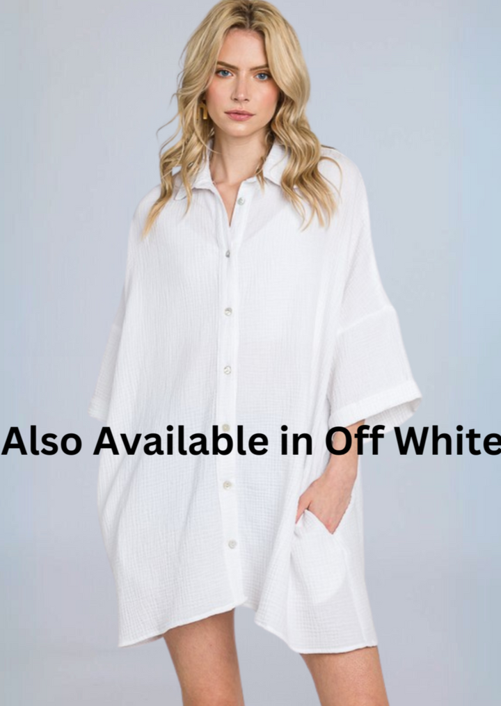 USA Made Women's Soft Mineral Washed Off White Oversized Cotton Gauze Button Down Tunic Length Long Shirt with Half Sleeves & Side Pockets
