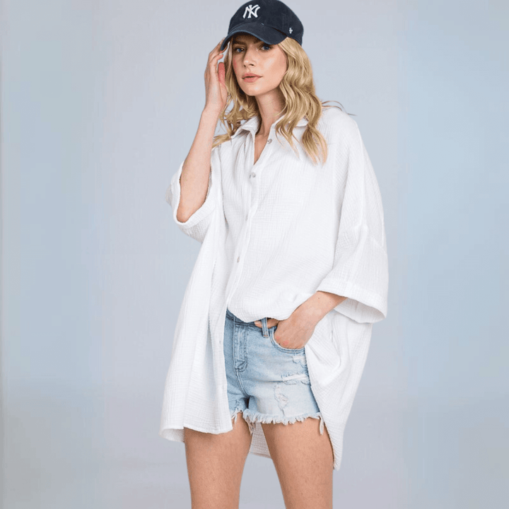 USA Made Women's Soft Mineral Washed Gauze Off White Oversized Cotton Button Down Tunic Length Long Shirt with Half Sleeves & Side Pockets | Classy Cozy Cool Made in America Boutique