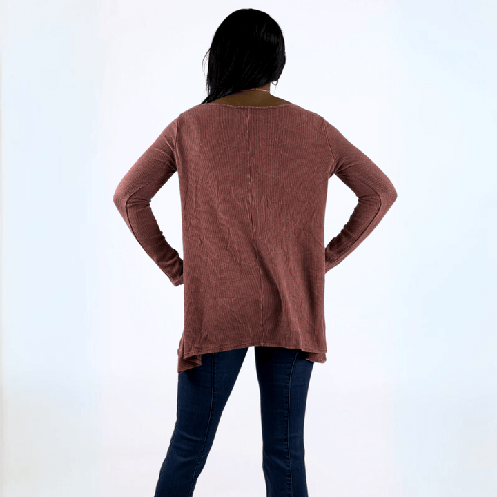 Made in USA Women's Mineral Washed Thermal Sweater Top with Lace Trim Detail on Front in Rosewood Pink Color | Fabric Made in USA | Classy Cozy Cool Made in America Boutique