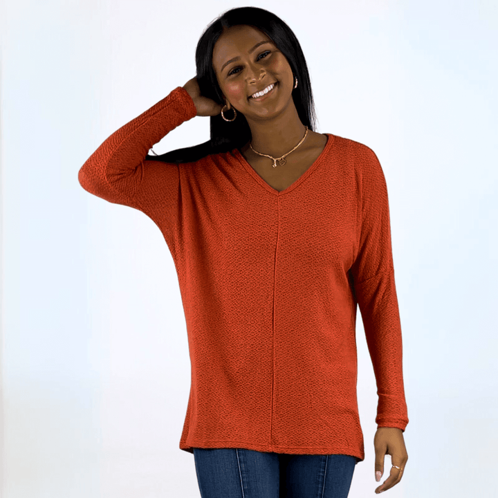 Made in USA Women's V-Neck Dolman Loose Knit Long Sleeve Sweater, Longer Length, Relaxed Fit, in Rust Color | Classy Cozy Cool Made in America Boutique