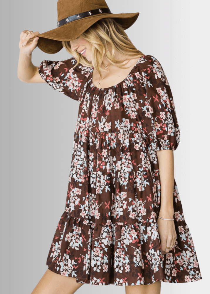 Sara Floral Baby Doll Tiered Mini Dress Brown / Medium Sara Floral Baby Doll Tiered Mini Dress Brown / Medium