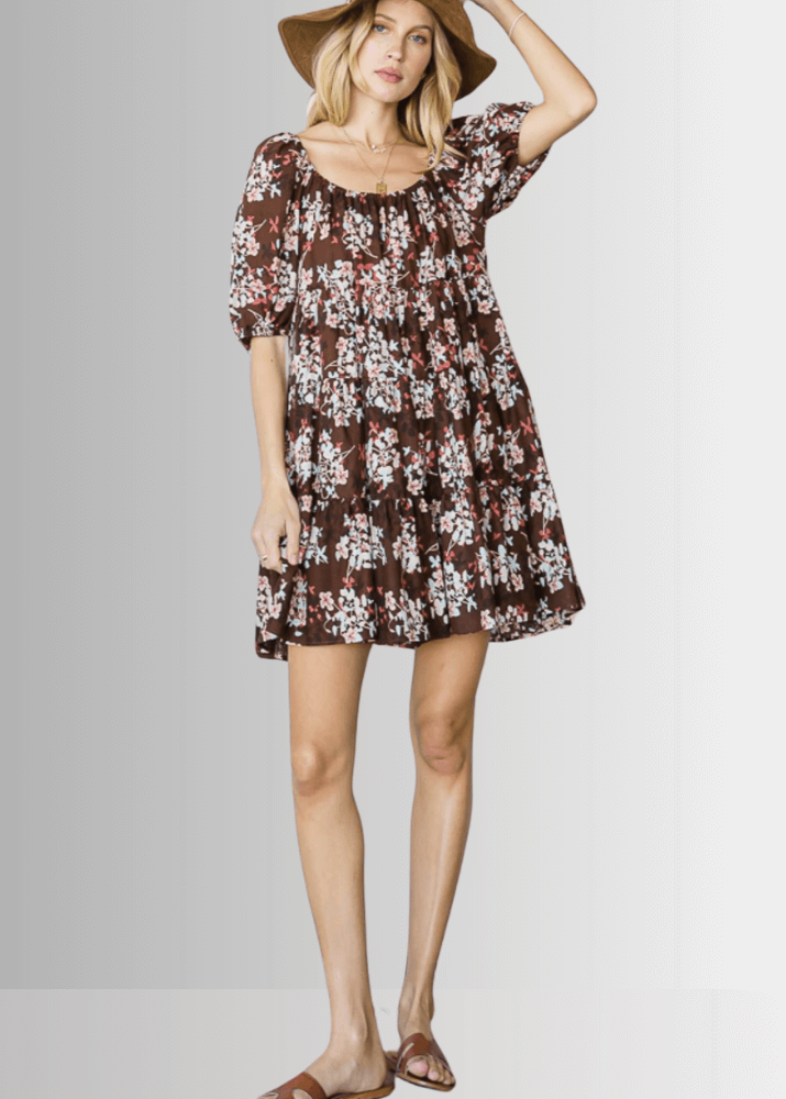 Made in USA Women's Brown Floral Baby Doll Mini Dress, Short Sleeves, Flounce Ruffle Hem, Can be worn off the shoulder | Bucket List Style D3059B