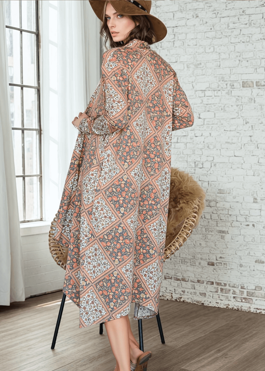 Made in USA Women's Lightweight Bohemian Open Front Cardigan with Side Pockets in Multi Olive or Pumpkin | Bucket List Style T1537