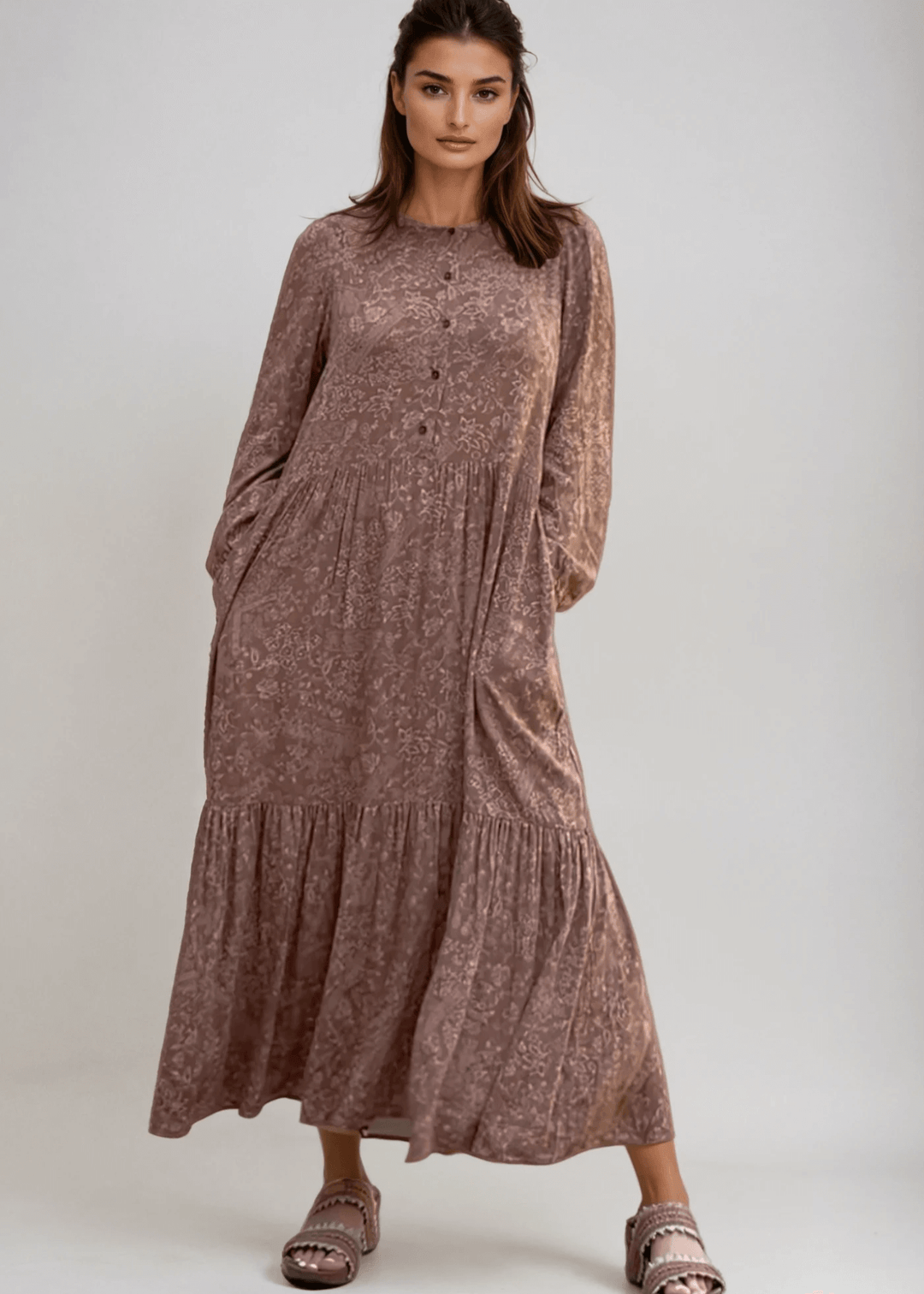 Made in USA Women's Floral 2-Tone Midi/Maxi Tiered Dress, Long Puff Sleeves, 100% Rayon  in Gray with Maroon Floral Pattern Or Camel | Bucket List Style D3067