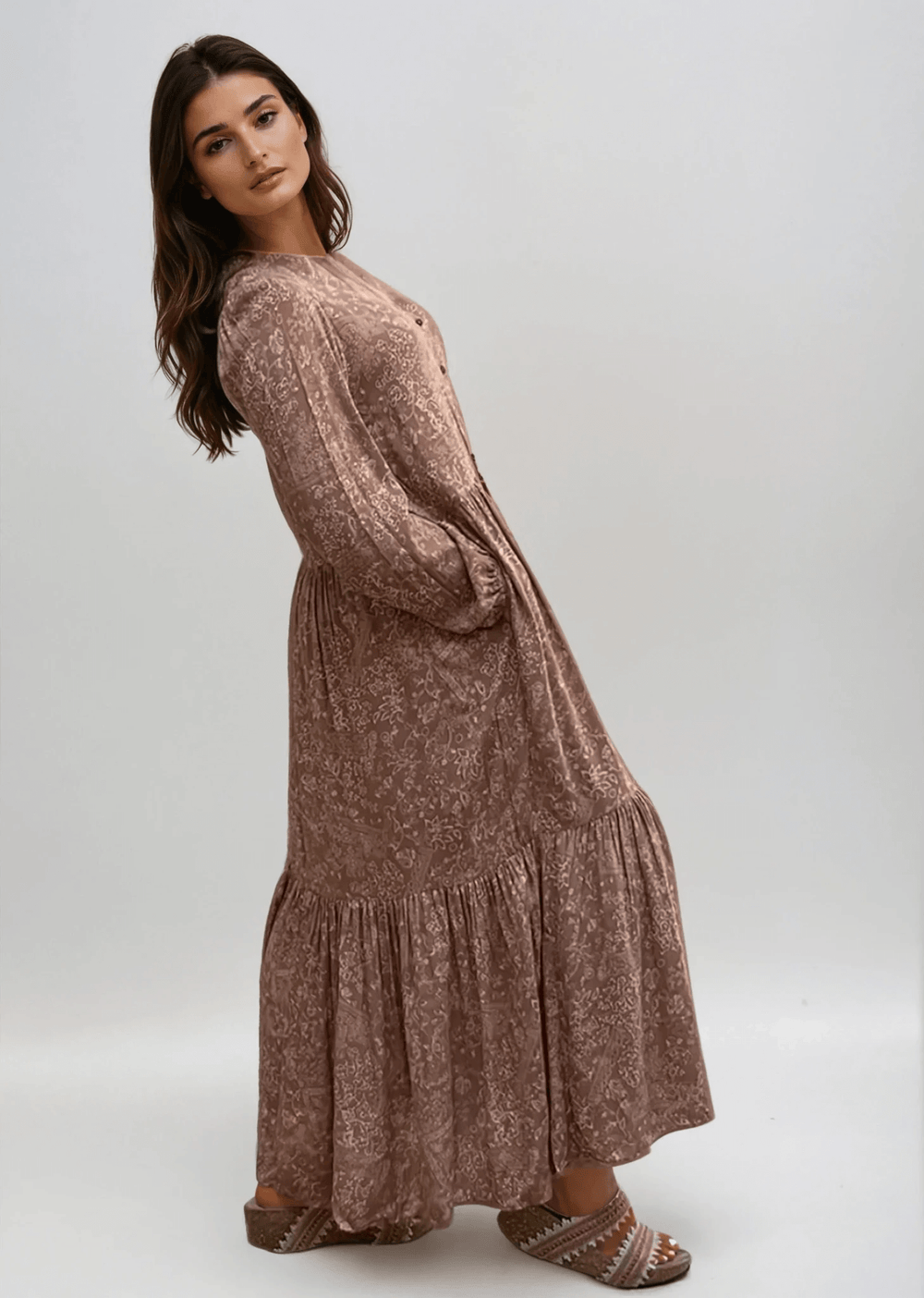 Made in USA Women's Floral 2-Tone Midi/Maxi Tiered Dress, Long Puff Sleeves, 100% Rayon  in Gray with Maroon Floral Pattern Or Camel | Bucket List Style D3067