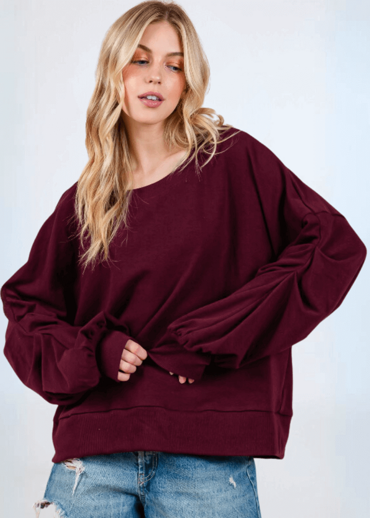 Made in USA Women's Cabernet Deep Red Oversized Sweatshirt with Large Puff Sleeves with Gathering on Front in Solid Terry with Round Neck | Classy Cozy Cool Made in America Boutique