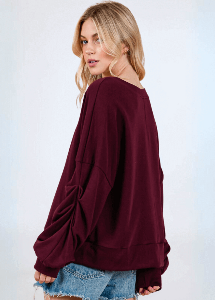 Made in USA Women's Cabernet Deep Red Oversized Sweatshirt with Large Puff Sleeves with Gathering on Front in Solid Terry with Round Neck | Classy Cozy Cool Made in America Boutique