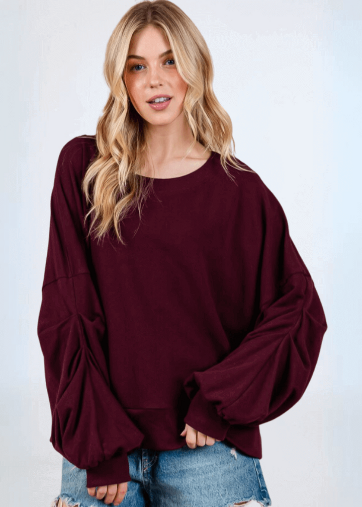 Made in USA Women's Cabernet Deep Red Oversized Sweatshirt with Large Puff Sleeves with Gathering on Front in Solid Terry with Round Neck | Classy Cozy Cool Made in America Boutique