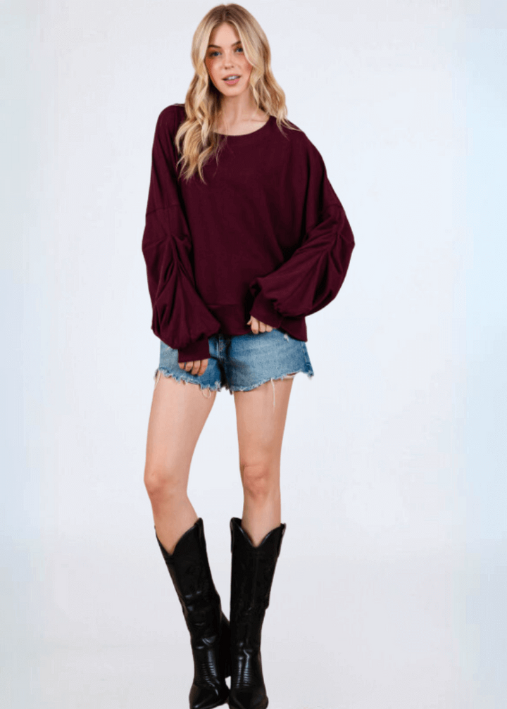 Made in USA Women's Cabernet Deep Red Oversized Sweatshirt with Large Puff Sleeves with Gathering on Front in Solid Terry with Round Neck | Classy Cozy Cool Made in America Boutique