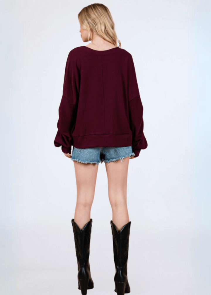 Made in USA Women's Cabernet Deep Red Oversized Sweatshirt with Large Puff Sleeves with Gathering on Front in Solid Terry with Round Neck | Classy Cozy Cool Made in America Boutique