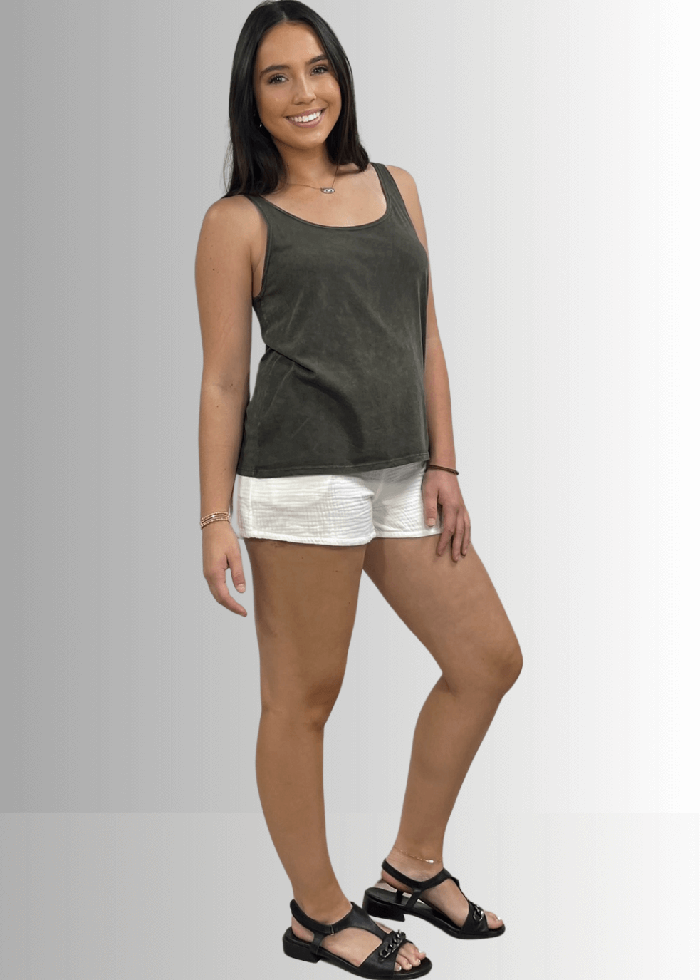 Twenty Four Seven Tank Top | Women's Sustainable and durable premium America-made cotton tank top, in Mineral Washed Vintage Dark Moss Green Color, Wide Round Neck, Loose Fit, Perfect for Layering | Classy Cozy Cool Style C11315