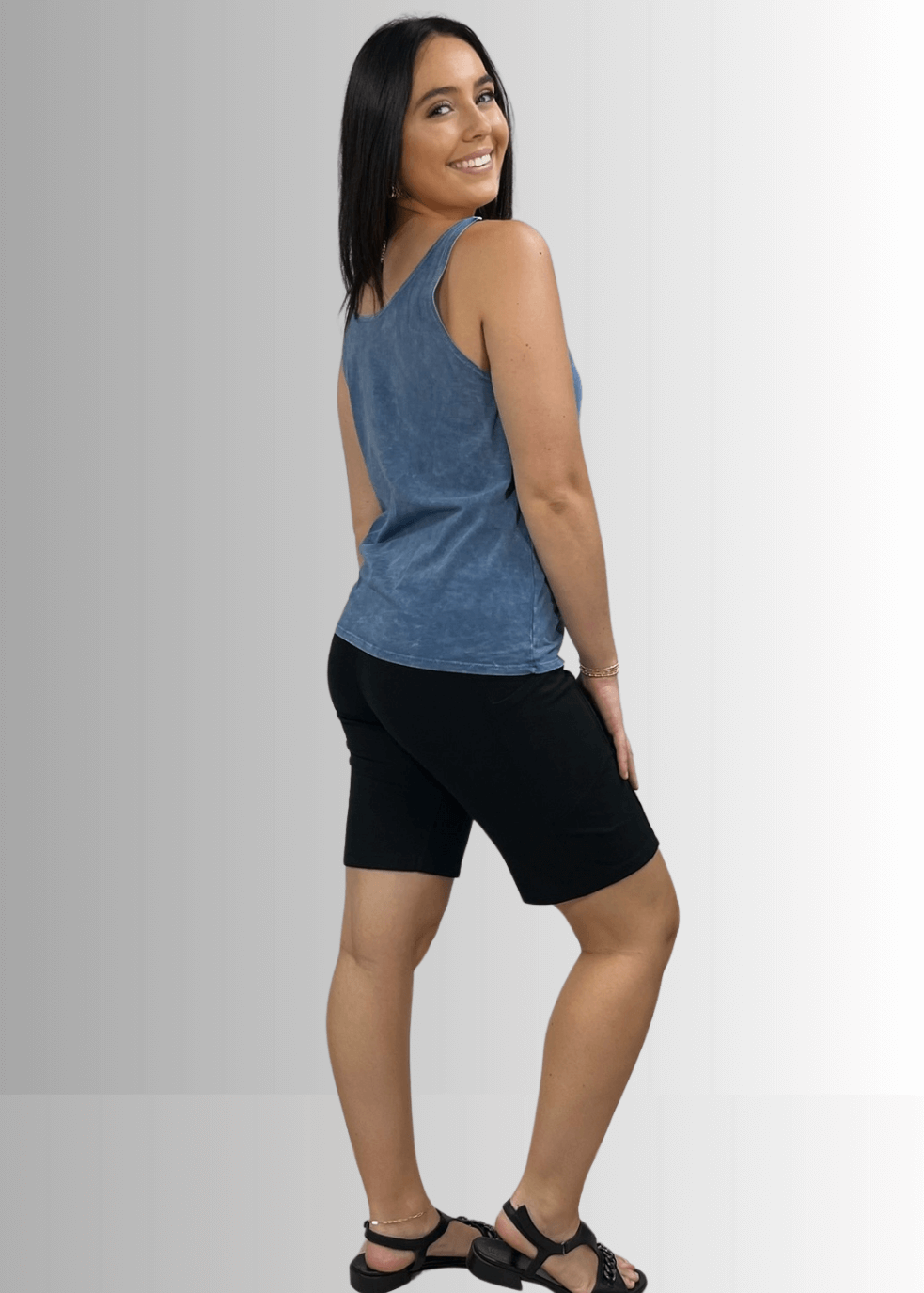 Twenty Four Seven Tank Top | Women's Sustainable and durable premium America-made cotton tank top, in Mineral Washed Vintage Light Denim Blue Color, Wide Round Neck, Loose Fit, Perfect for Layering | Classy Cozy Cool Style C11315