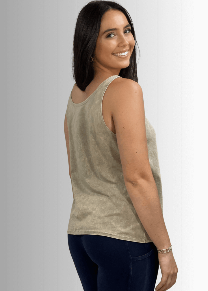 Twenty Four Seven Tank Top | Women's Sustainable and durable premium America-made cotton tank top, in Mineral Washed Vintage Stone Color, Wide Round Neck, Loose Fit, Perfect for Layering | Classy Cozy Cool Style C11315