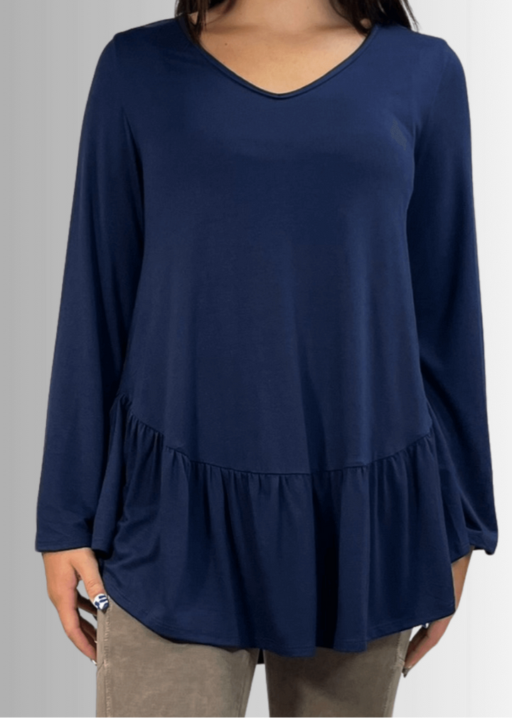 Made in USA Women's Navy Blue Flare Sleeve Tunic with Flounce Ruffle Hem, V-Neck, Lightweight and Flowy, Super Soft, 95% Rayon, 5% Spandex Machine Wash, Tumble Dry Low Style C11316 | Classy Cozy Cool Made in USA Boutique