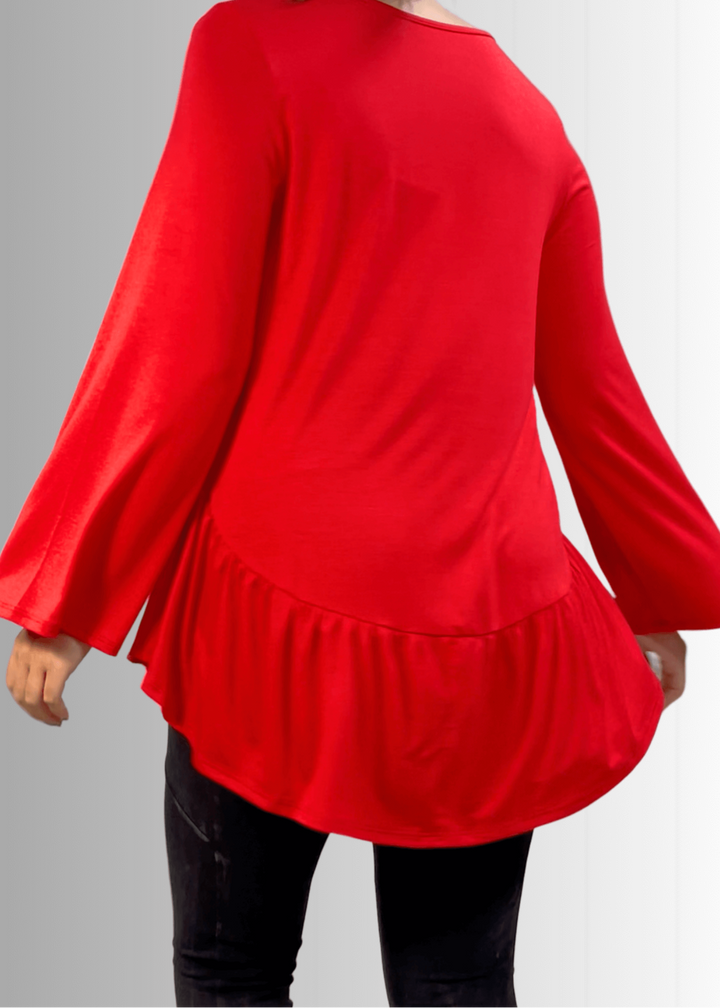 Made in USA Women's Red Flare Sleeve Tunic with Flounce Ruffle Hem, V-Neck, Lightweight and Flowy, Super Soft, 95% Rayon, 5% Spandex Machine Wash, Tumble Dry Low Style C11316 | Classy Cozy Cool Made in USA Boutique