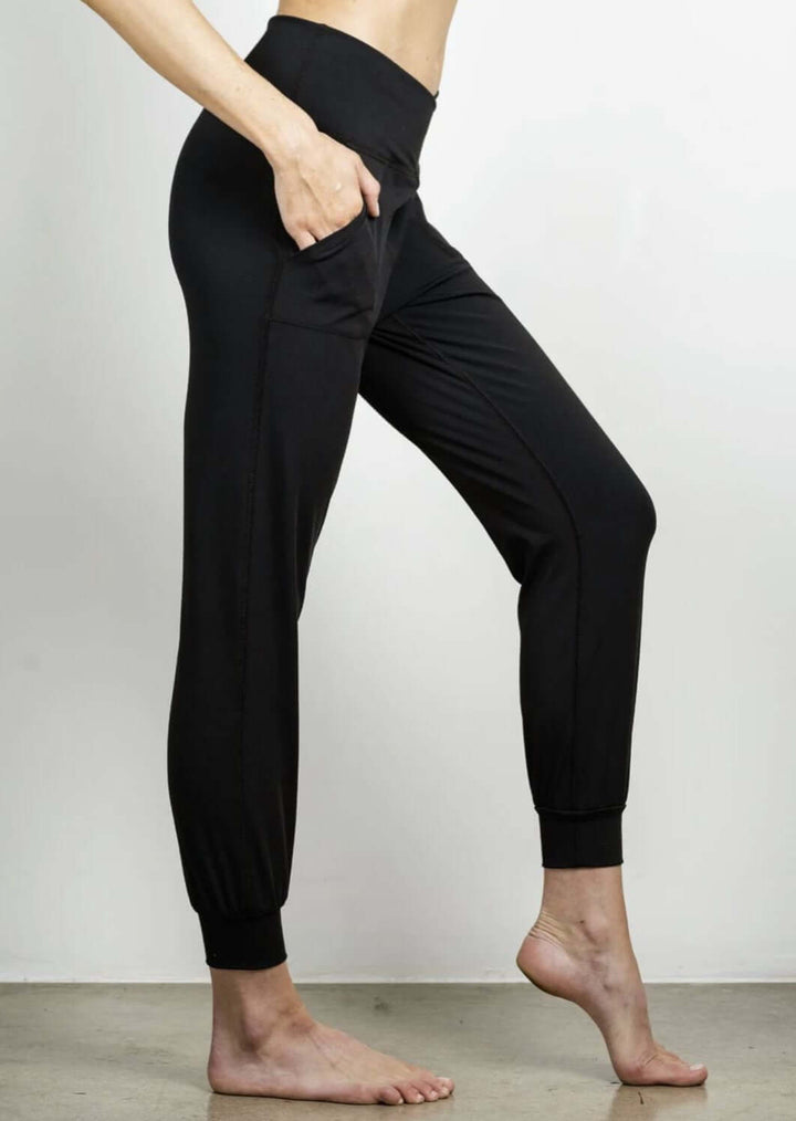 Jala Women's Cross Waist Jogger with Side Pockets Jogger in Black Style# CWJ16-B | Made in USA | Classy Cozy Cool Women's Made in America Clothing Boutique