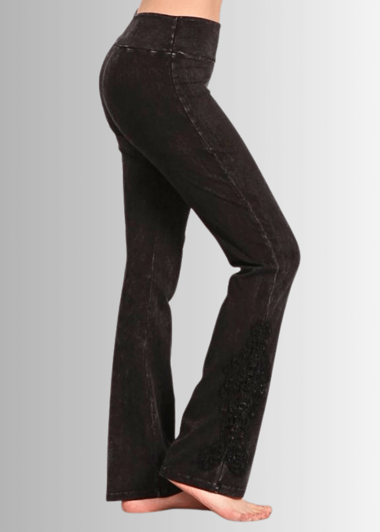 Made in USA Women's Black Denim Mineral Washed Boot Cut Jeggings with Crochet Detail Hem Style# C30372 | Classy Cozy Cool  Made in America Boutique