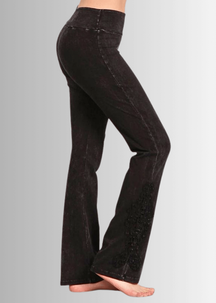 Made in USA Women's Black Denim Mineral Washed Boot Cut Jeggings with Crochet Detail Hem Style# C30372 | Classy Cozy Cool  Made in America Boutique