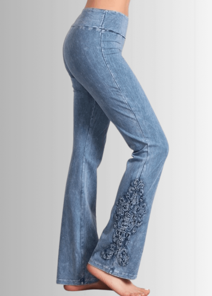 Made in USA Women's Light Denim Mineral Washed Boot Cut Jeggings with Crochet Detail Hem Style# C30372 | Classy Cozy Cool  Made in America Boutique