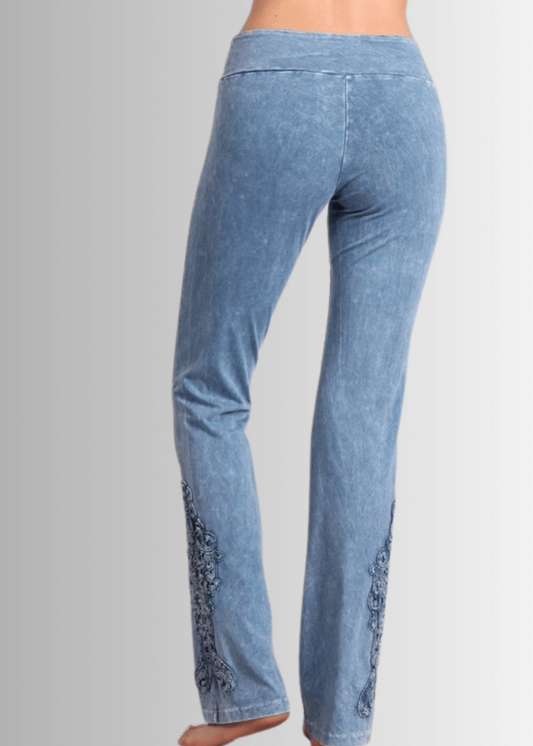 Made in USA Women's Light Denim Mineral Washed Boot Cut Jeggings with Crochet Detail Hem Style# C30372 | Classy Cozy Cool  Made in America Boutique