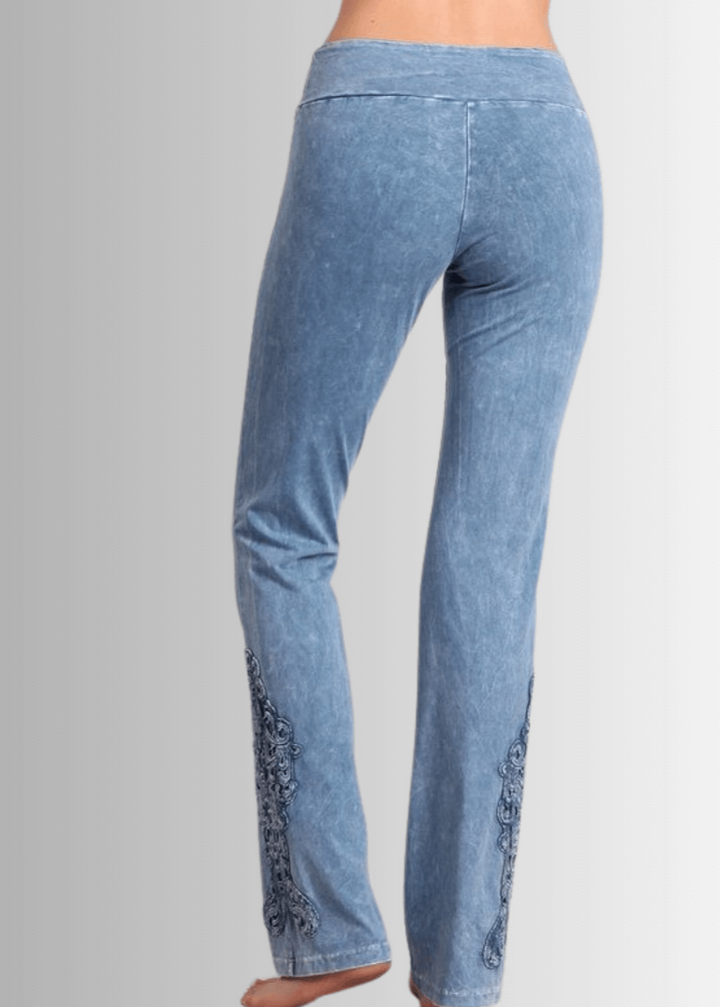 Made in USA Women's Light Denim Mineral Washed Boot Cut Jeggings with Crochet Detail Hem Style# C30372 | Classy Cozy Cool  Made in America Boutique