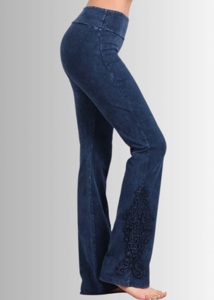 Made in USA Women's Dark Denim Mineral Washed Boot Cut Jeggings with Crochet Detail Hem Style# C30372 | Classy Cozy Cool  Made in America Boutique