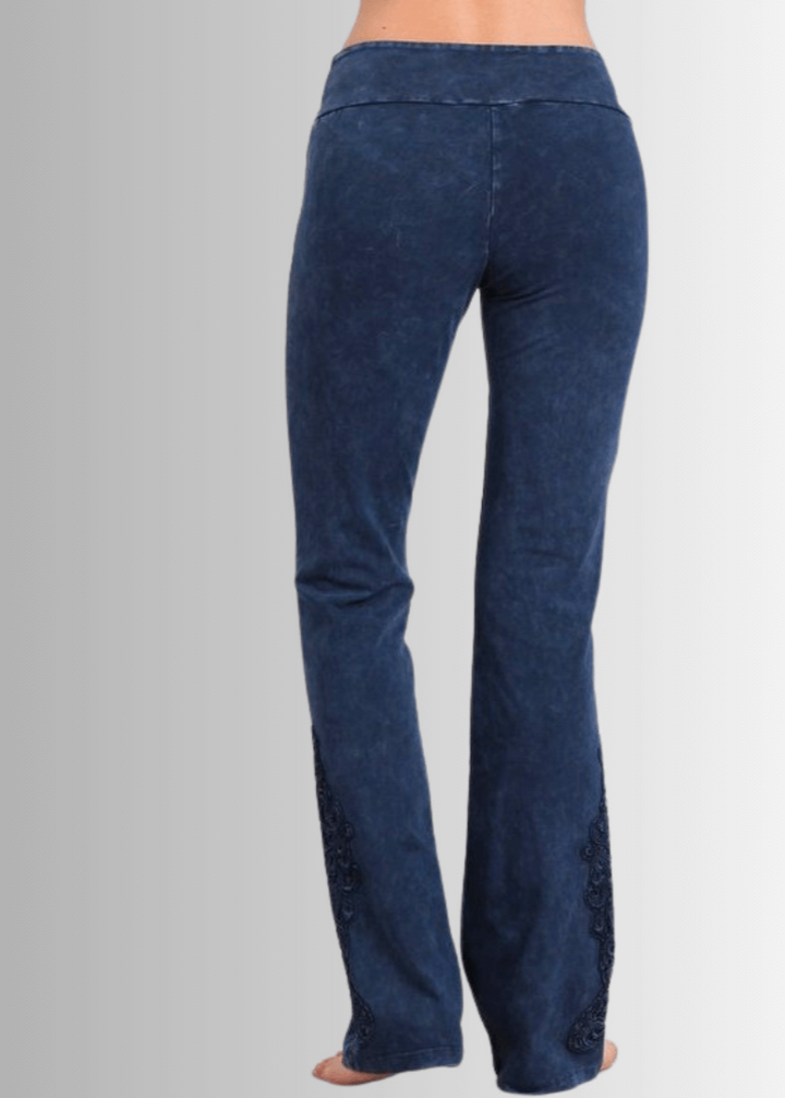 Made in USA Women's Dark Denim Mineral Washed Boot Cut Jeggings with Crochet Detail Hem Style# C30372 | Classy Cozy Cool  Made in America Boutique