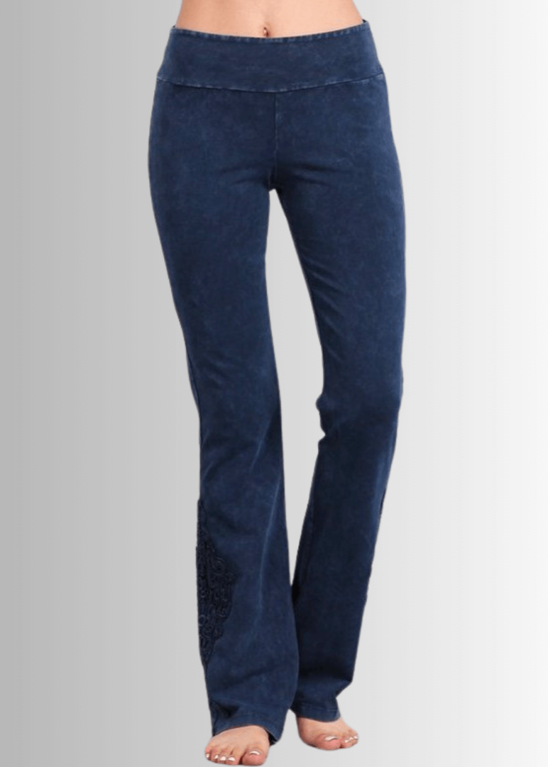 Made in USA Women's Dark Denim Mineral Washed Boot Cut Jeggings with Crochet Detail Hem Style# C30372 | Classy Cozy Cool  Made in America Boutique