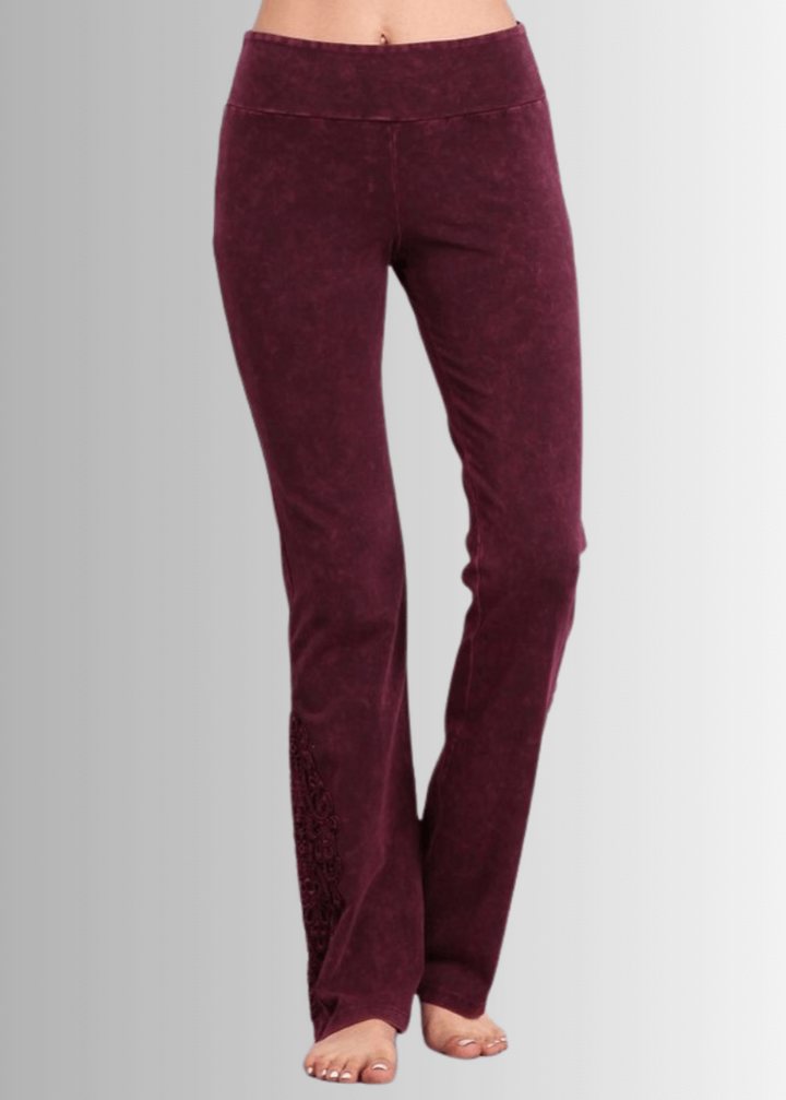 Made in USA Women's Burgundy Mineral Washed Boot Cut Jeggings with Crochet Detail Hem Style# C30372 | Classy Cozy Cool  Made in America Boutique