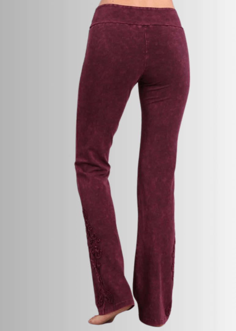 Made in USA Women's Burgundy Mineral Washed Boot Cut Jeggings with Crochet Detail Hem Style# C30372 | Classy Cozy Cool  Made in America Boutique