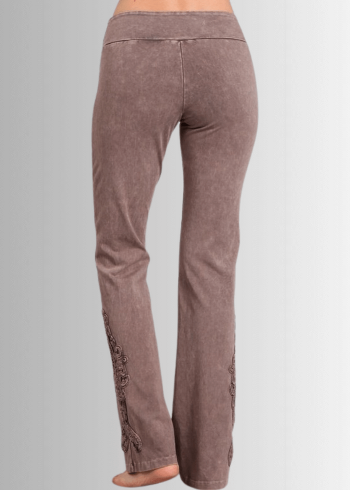 Made in USA Women's Desert Taupe Mineral Washed Boot Cut Jeggings with Crochet Detail Hem Style# C30372 | Classy Cozy Cool  Made in America Boutique