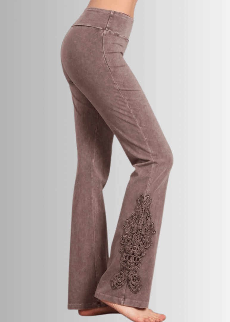 Made in USA Women's Desert Taupe Mineral Washed Boot Cut Jeggings with Crochet Detail Hem Style# C30372 | Classy Cozy Cool  Made in America Boutique
