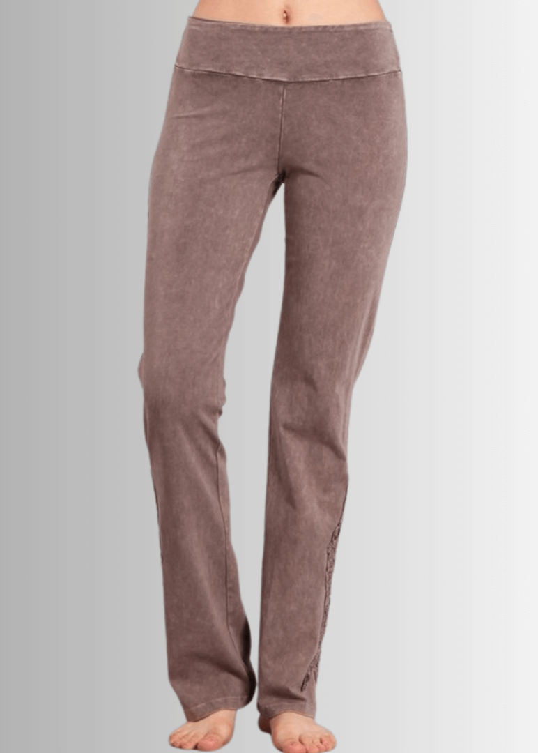 Made in USA Women's Desert Taupe Mineral Washed Boot Cut Jeggings with Crochet Detail Hem Style# C30372 | Classy Cozy Cool  Made in America Boutique