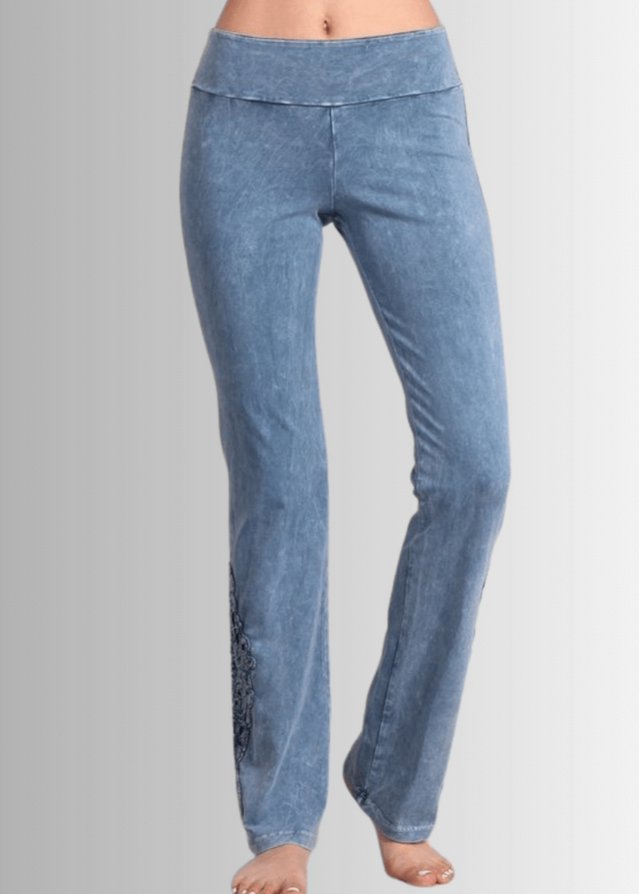 Made in USA Women's Light Denim Mineral Washed Boot Cut Jeggings with Crochet Detail Hem Style# C30372 | Classy Cozy Cool  Made in America Boutique