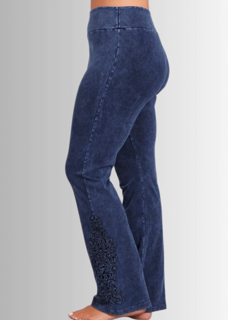 Made in USA Women's Plus Size Dark Denim Mineral Washed Boot Cut Jeggings with Crochet Detail Hem Style# C30372 | Classy Cozy Cool  Made in America Boutique