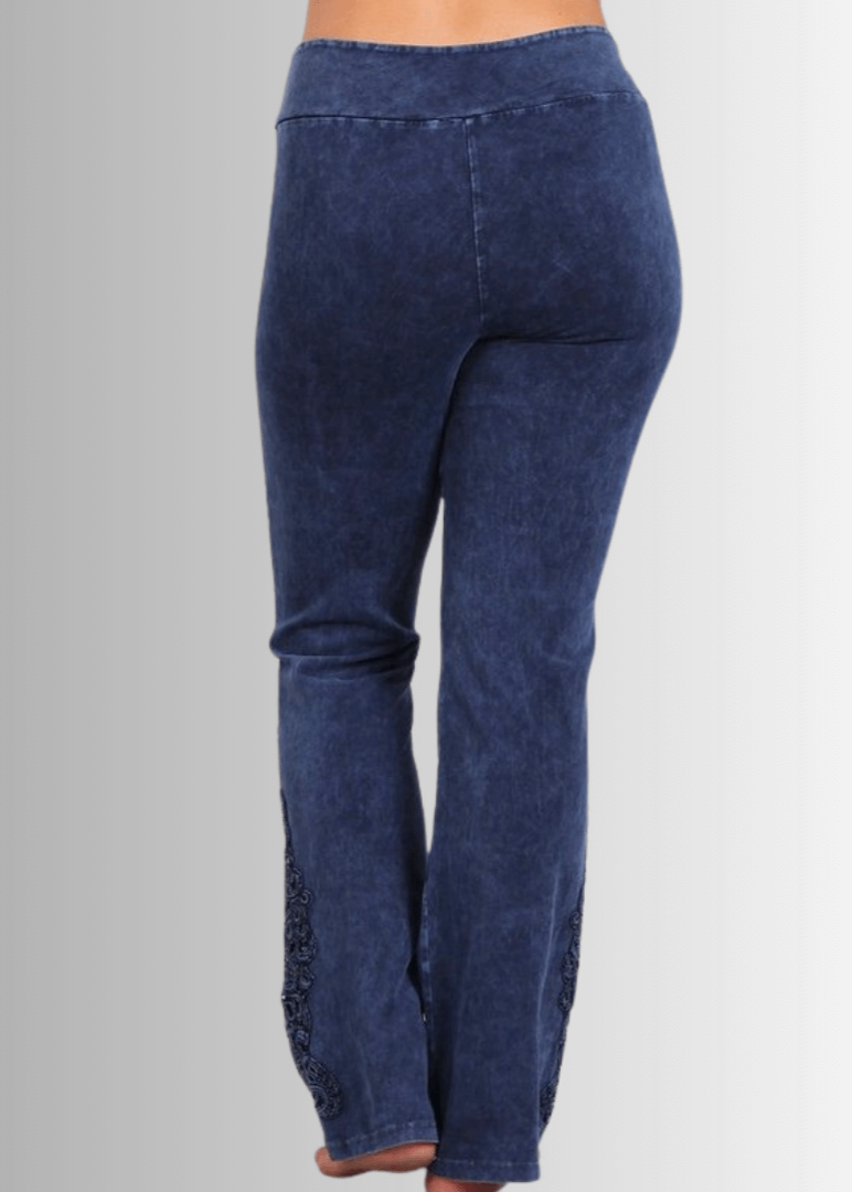 Made in USA Women's Plus Size Dark Denim Mineral Washed Boot Cut Jeggings with Crochet Detail Hem Style# C30372 | Classy Cozy Cool  Made in America Boutique